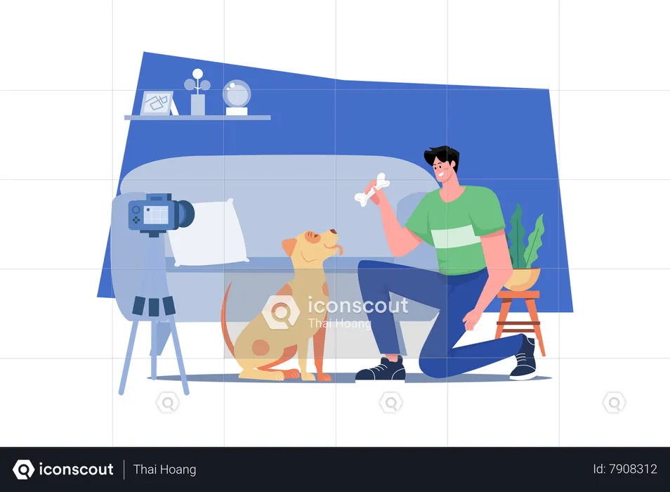 Boy doing live streaming of dog training  Illustration