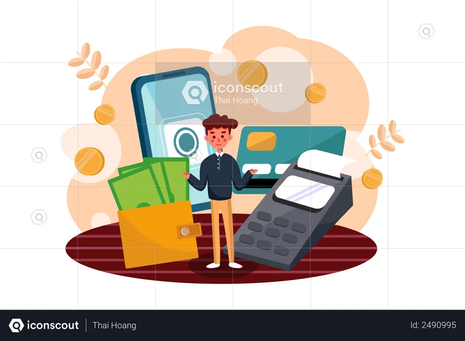 Boy doing online payment for shopping  Illustration