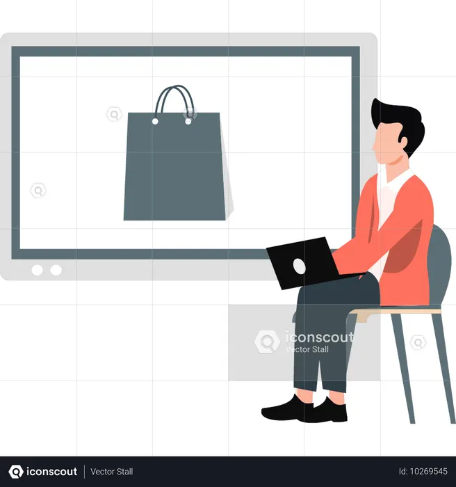 노트북으로 온라인 쇼핑을 하는 소년  일러스트레이션