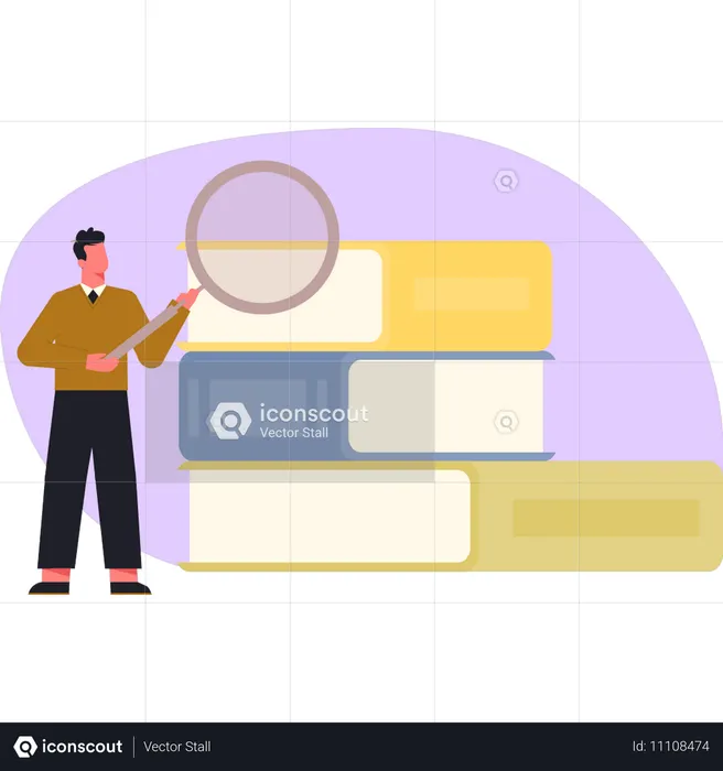Boy doing search on literature book  Illustration