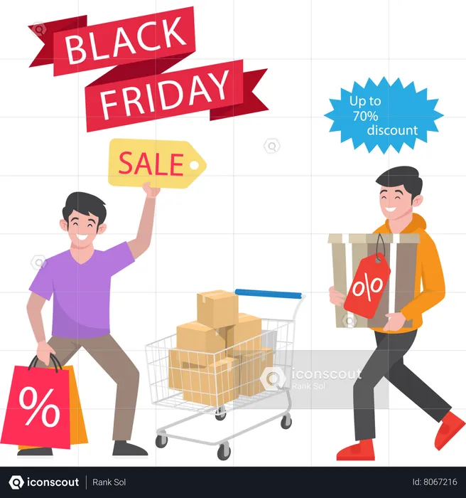 Boy doing shopping in Black Friday sale  Illustration