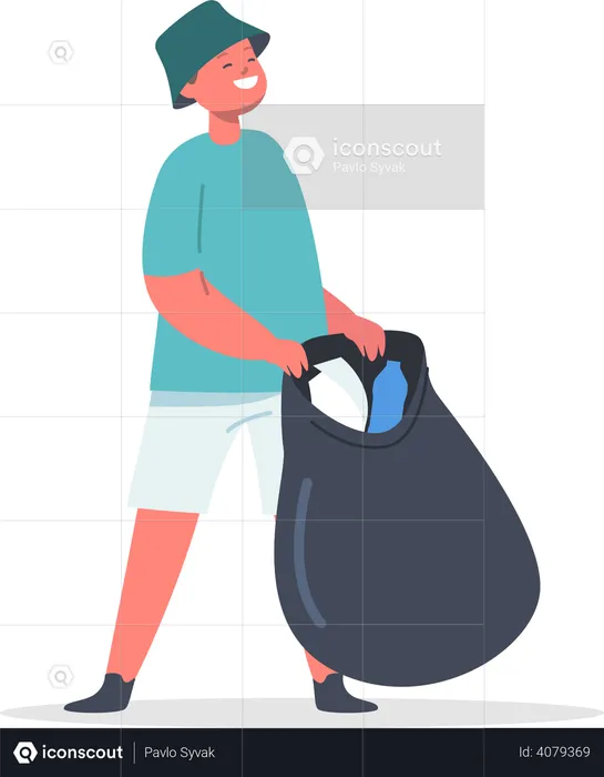 Boy doing volunteer work by cleaning garbage  Illustration