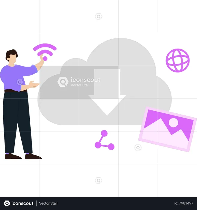 Boy downloading cloud data  Illustration
