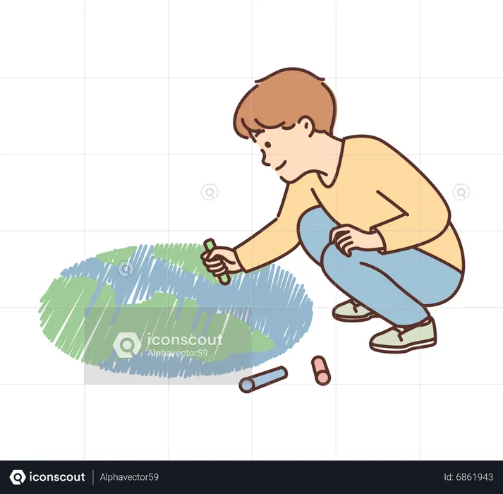Boy drawing earth on floor  Illustration