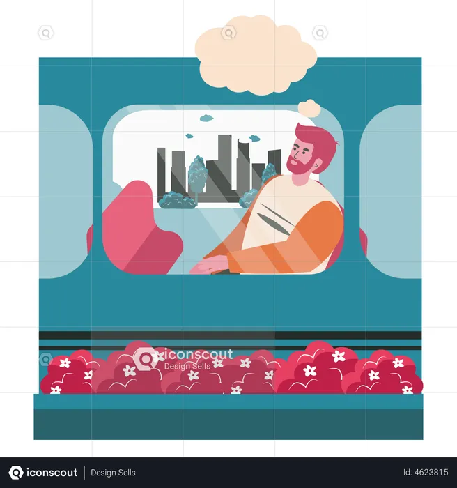 Boy dreaming while travelling in train  Illustration
