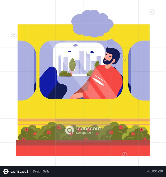 Boy dreaming while travelling in train  Illustration