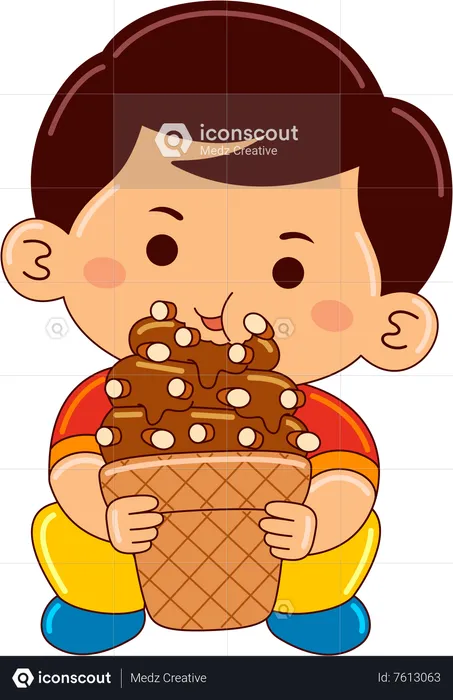 Boy drinking coffee almond ice cream cone  Illustration