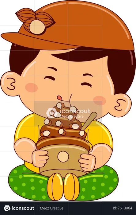 Boy drinking coffee almond ice cream cup  Illustration