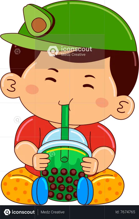 Boy drinking iced bubble avocado tea  Illustration