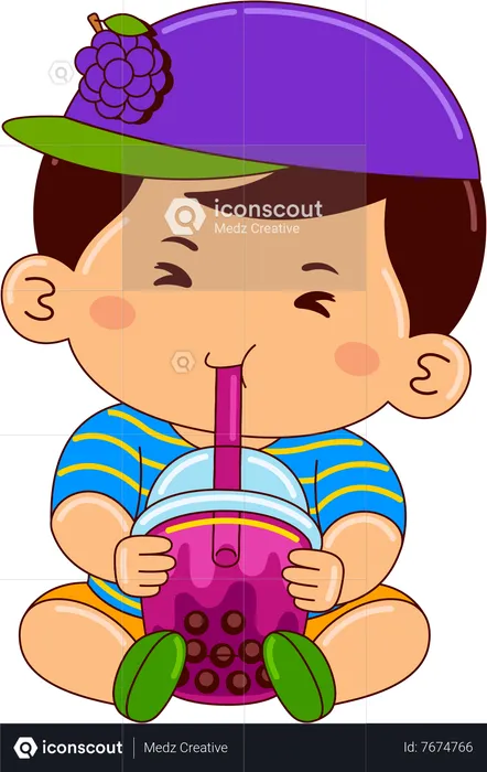 Boy drinking iced bubble grape tea  Illustration