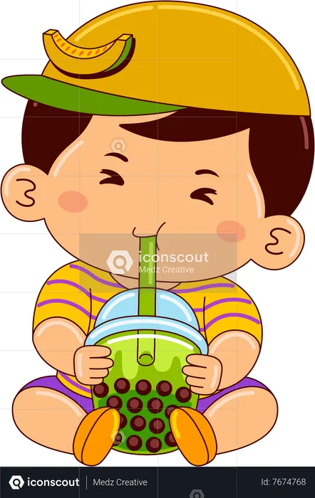 Boy drinking iced bubble honeydew tea  Illustration