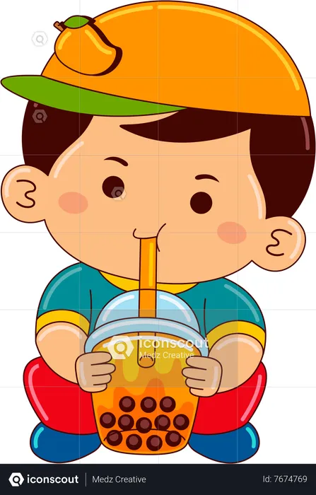 Boy drinking iced bubble mango tea  Illustration