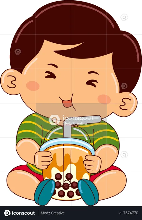 Boy drinking iced bubble milk tea  Illustration