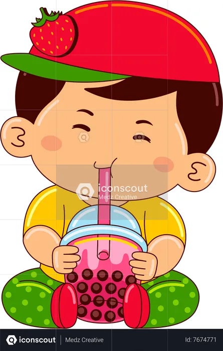 Boy drinking iced bubble strawberry tea  Illustration