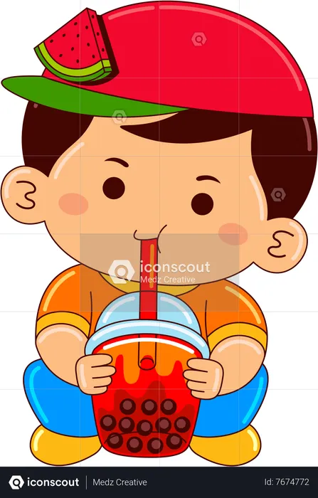 Boy drinking iced bubble watermelon tea  Illustration