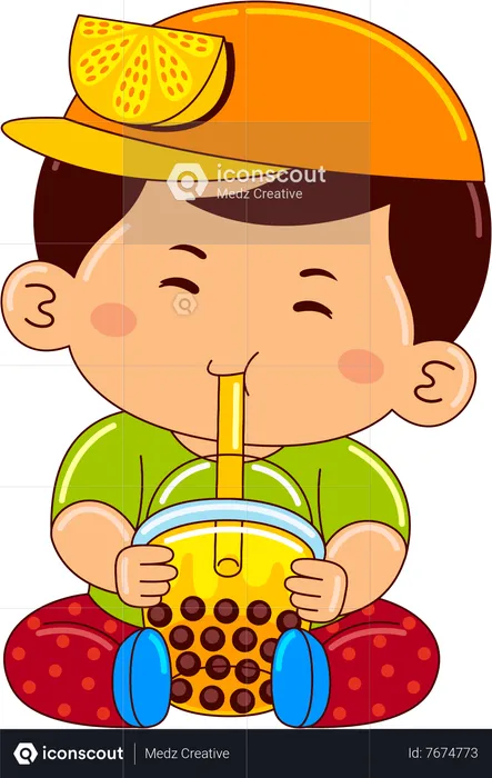 Boy drinking iced buble lemon tea  Illustration