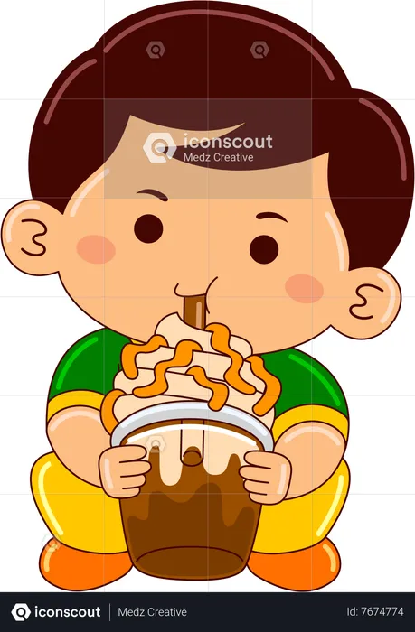 Boy drinking iced caramel frappucino  Illustration