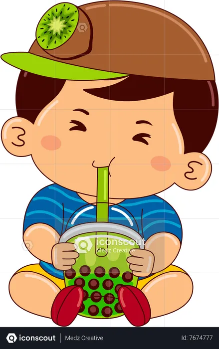 Boy drinking iced kiwi bubble tea  Illustration