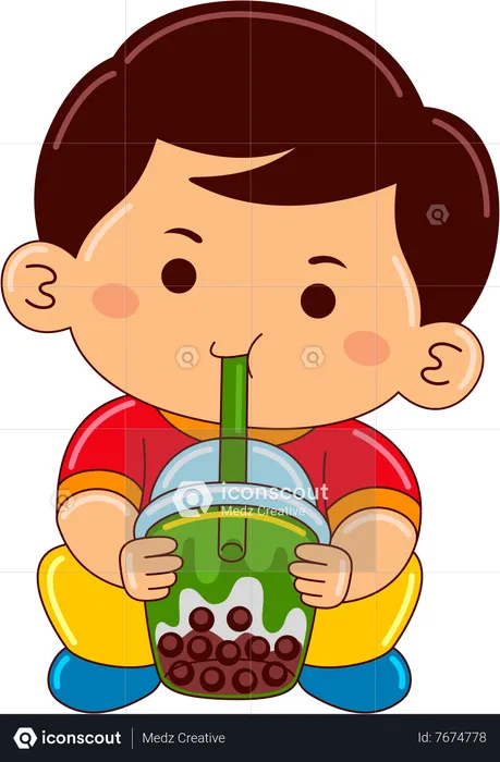 Boy drinking iced matcha bubble tea  Illustration
