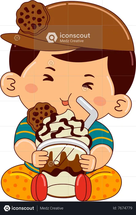 Boy drinking iced mocha cookie crumble  Illustration