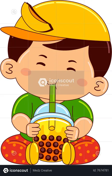 Boy drinking iced peach bubble tea  Illustration
