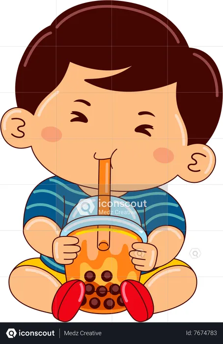 Boy drinking iced thai bubble tea  Illustration