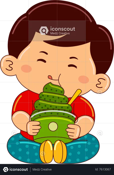 Boy drinking matcha ice cream cup  Illustration