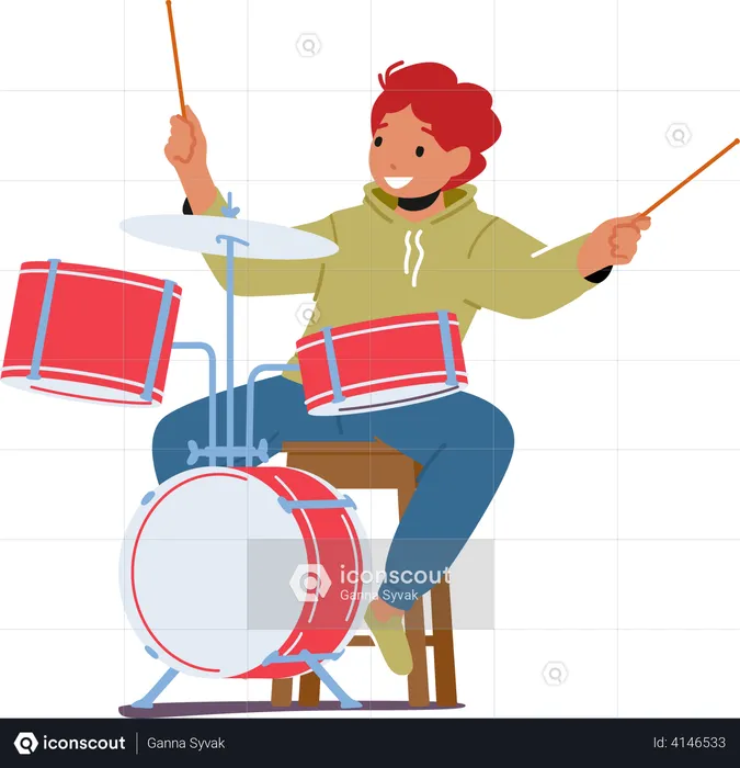 Boy Drummer Playing Musical Composition  Illustration