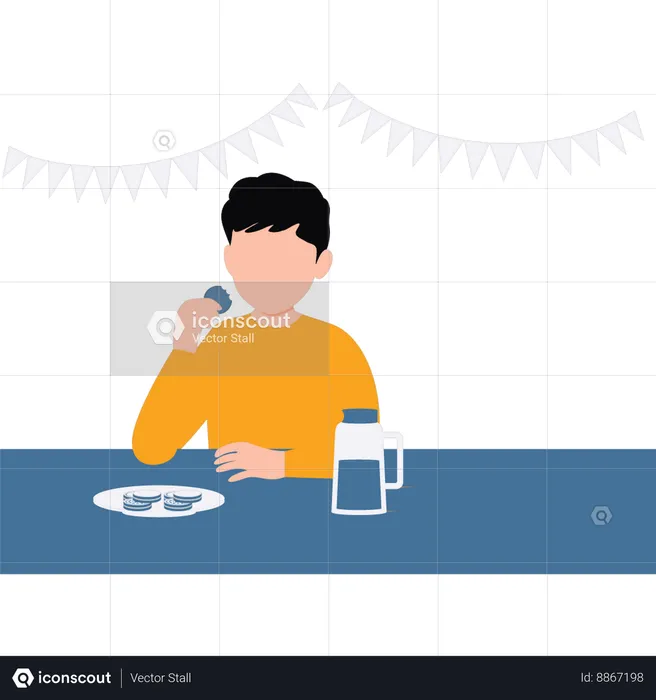 Boy eating biscuits with milk  Illustration