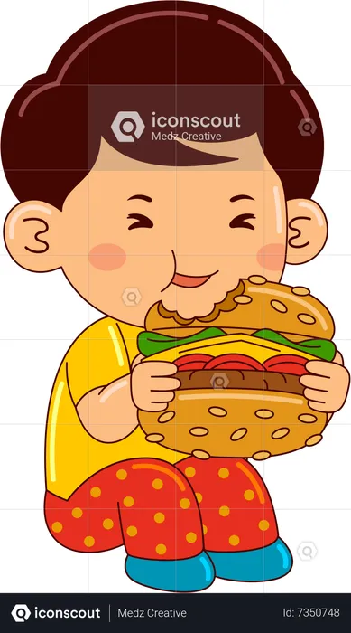 ハンバーガーを食べる少年  イラスト