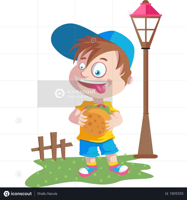 Boy eating burger in park  Illustration