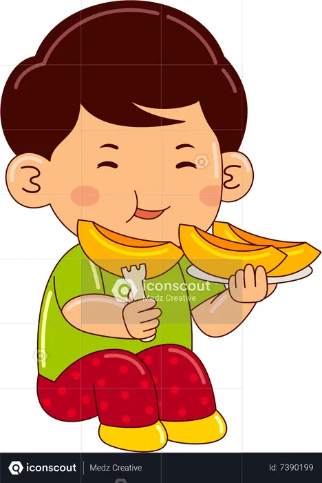 Boy eating peach  Illustration
