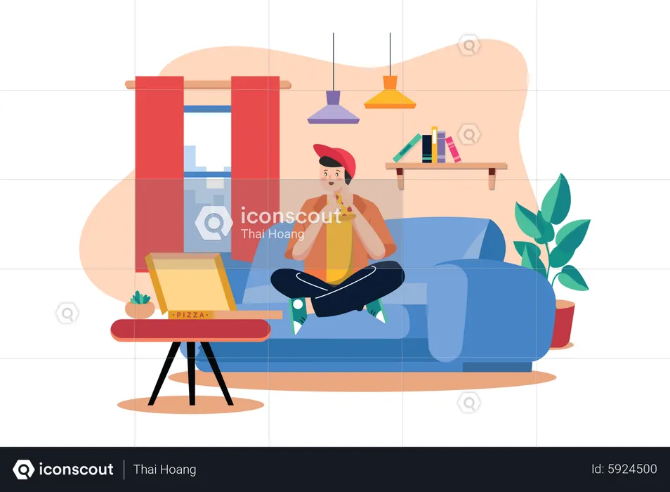 Boy Eating Pizza on sofa  Illustration