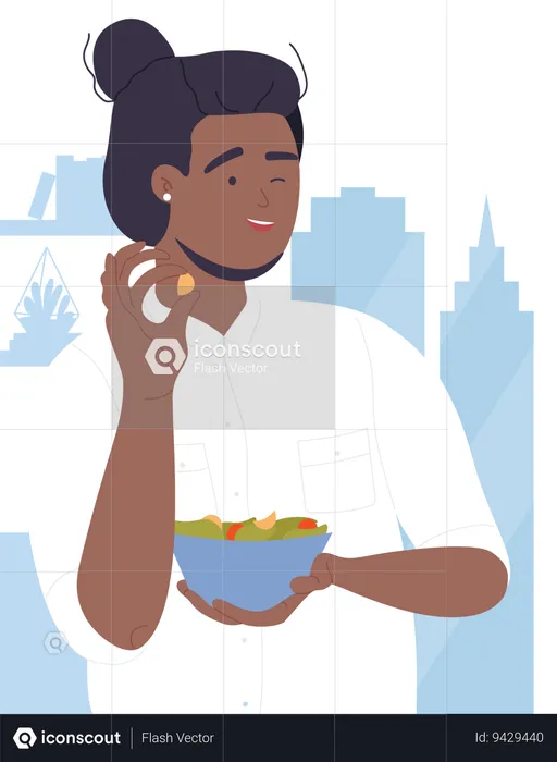 Boy eating salad bowl  Illustration