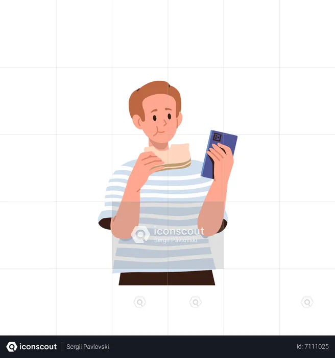 Boy Eating Sandwich Watching Video On Smartphone  Illustration