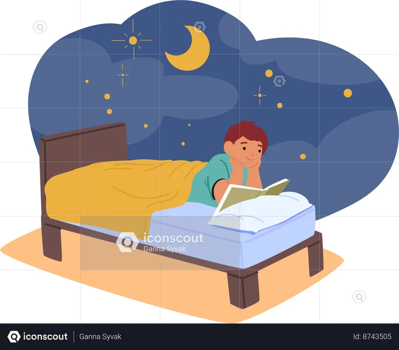 Boy Engrossed In Book In Bed  Illustration