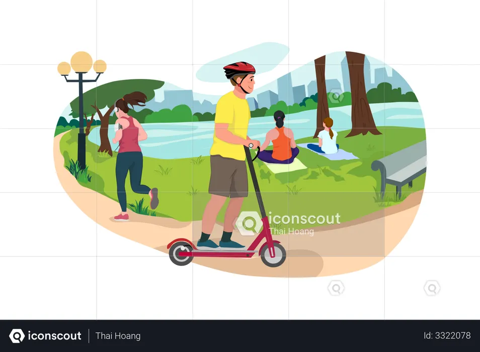 Boy Enjoy Scooter ride in the park  Illustration