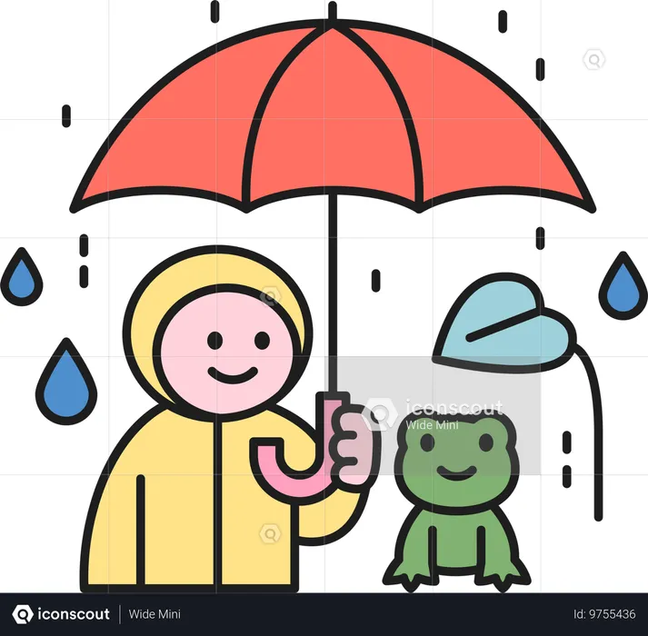 우산을 들고 비를 즐기는 소년  일러스트레이션
