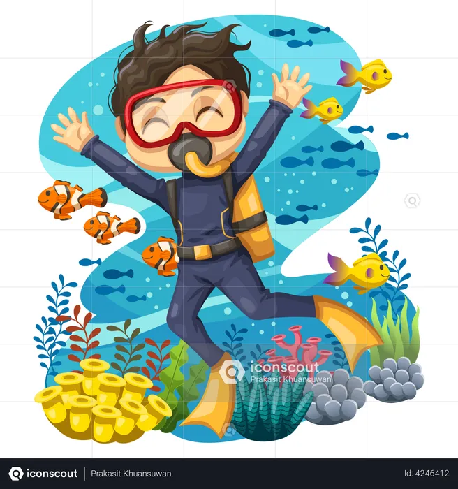 Boy enjoying scuba diving  Illustration