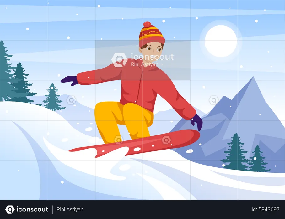 Boy Enjoying Snowboarding  Illustration