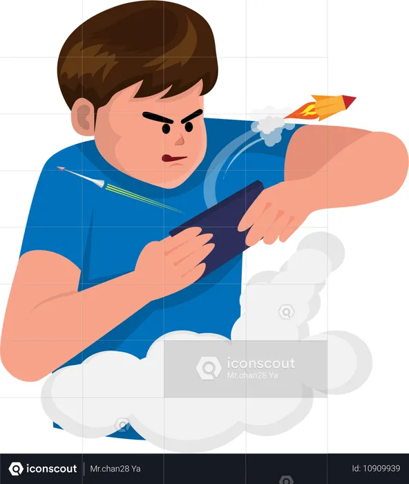 Boy enjoys playing online games on mobile phone  Illustration