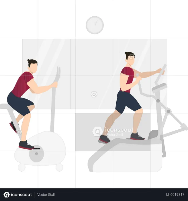 Boy exercising on gym equipment  Illustration