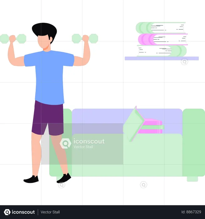 Boy exercising with dumbbells at home  Illustration
