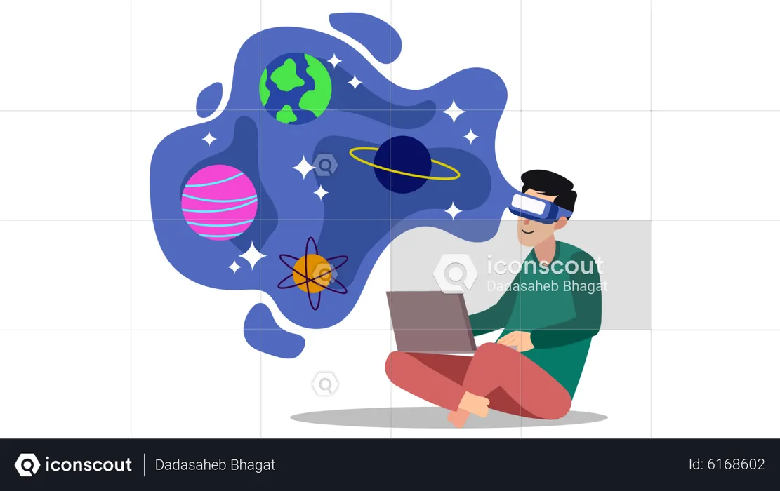 Boy experiencing space in metaverse  Illustration