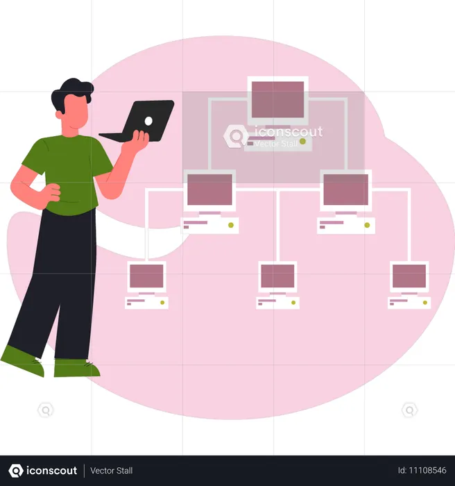 Boy explaining computing networking  Illustration