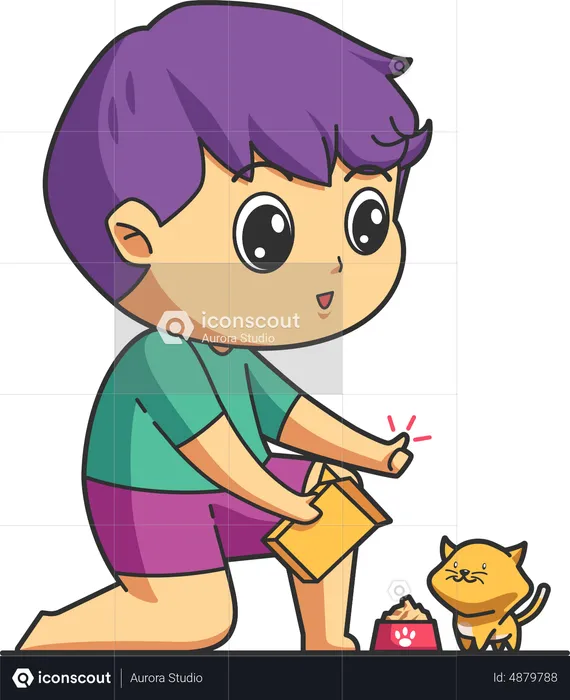 Boy feeding cat with food in the bowl  Illustration