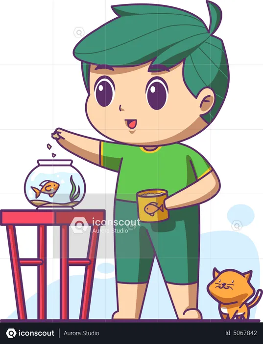 Boy feeding fish food inside fish tank  Illustration