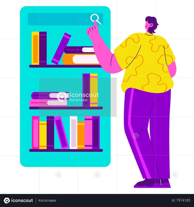 Boy find book in Digital library  Illustration