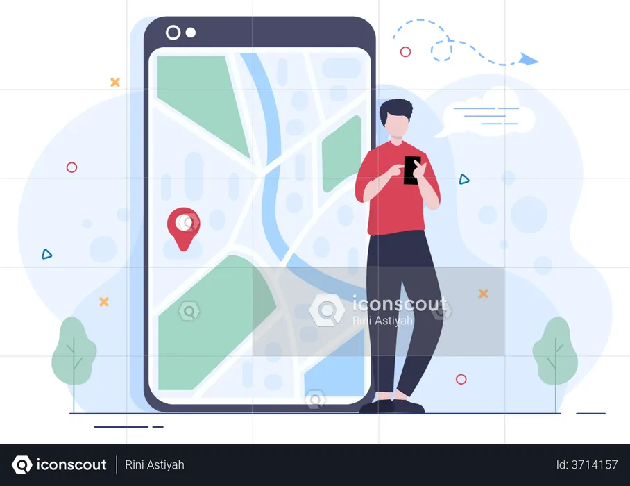 Boy finding location on mobile  Illustration
