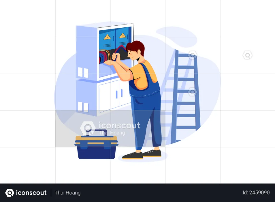 Boy fixing Electric wires of the electric meter  Illustration